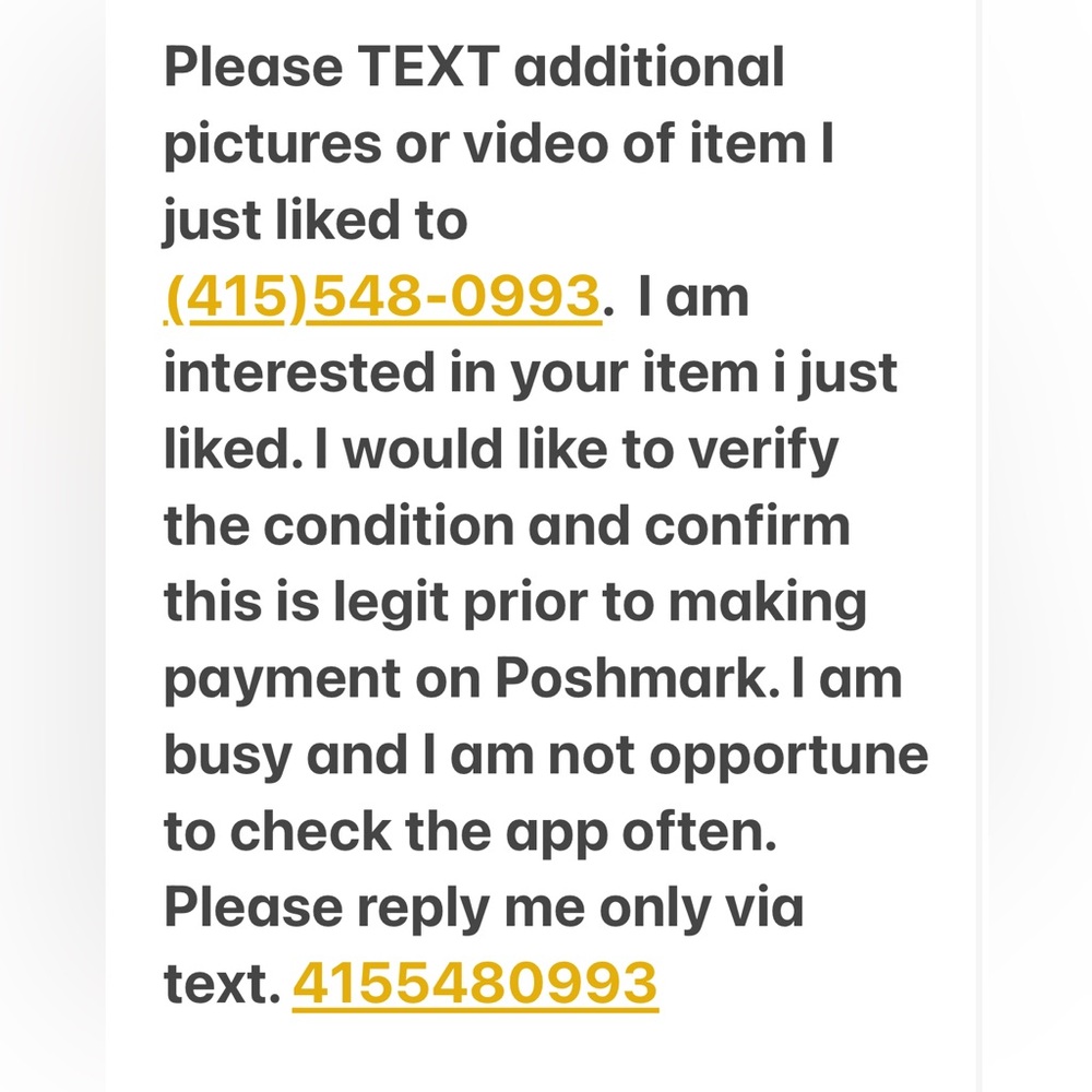 Please Text pictures of your item I just liked. to 4155480993. I’m interested.